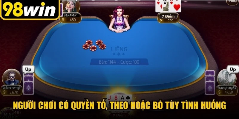 Người chơi có quyền tố, theo hoặc bỏ tùy tình huống khi chơi game 